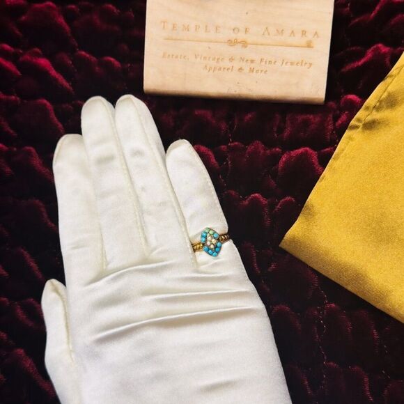 ANTIQUE- 10K Gold -Turquoise & Seed Pearl Ring -Sz 3.25- Victorian Western -1.8g - Picture 12 of 16